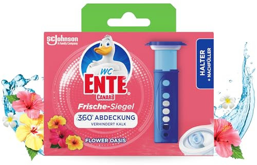 WC-Ente Frische-Siegel Starter-Set (inkl. 1 Nachfüller), körbchenloser WC-Reiniger, Blüten-Oase, 36 ml