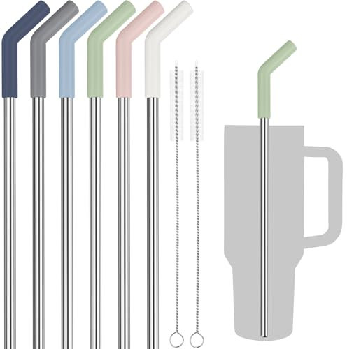 Tomorotec 6Pcs Strohhalme Edelstahl mit Silikonspitzen, Passend für Stanley 40 oz Stanley Tumbler, 30 cm strohhalme wiederverwendbar mit bunten Verlängerungen und 2 Bürsten Morandi Colors