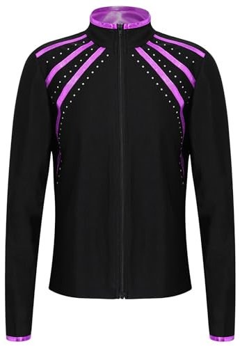 FEESHOW Kinder Mädchen Eiskunstlauf Jacke Glitzer Mit Strass Langarm Eiskunstlauf Sportjacke Slim Fit Eislauf Oberteile Thermojacke Top Violett_B 122-128