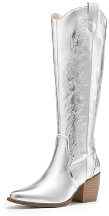 DREAM PAIRS Kniehohe Damen Westernstiefel, bequemer, klobiger Blockabsatz, spitzer Zehenbereich, seitlicher Reißverschluss, Wildleder-Slouch-Reitstiefel,Size 39,Silbermetallic,SDKB224W