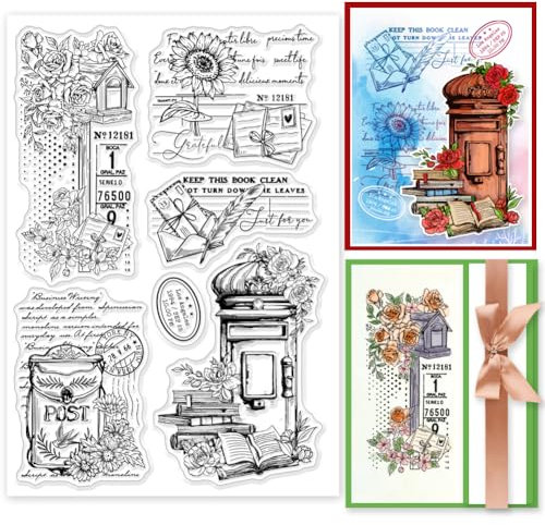 GLOBLELAND Postamt Briefkasten Und Blumenblätter Silikonstempel Für Karten Umschläge Texthintergrund Klare Stamps Siegel Transparente Stempel Für DIY Scrapbooking Fotoalbum