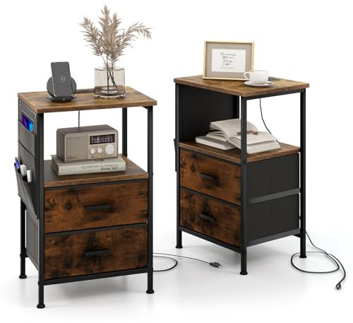 COSTWAY Table de Chevet avec Prise, Table d'Appoint avec Station de Charge, 2 Tiroirs Pliables, 6 Poches Latérales, Chevet de Lit pour Chambre, Salon, Marron Rustique (2, Marron Rustique)