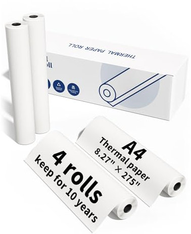 Papier Thermique A4 4 Rouleaux – Compatible avec Imprimante Thermique Portable Phomemo M832/M831/M833/M834/M836/AM-X2/A285M | Papier à Séchage Rapide, 210 mm x 6,5 m pour Docs & Contrats