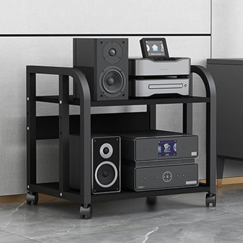 Audio Rack HiFi Regal Audiokomponenten-Rack/Tower Media Stereo Stand, Hochbelastbar Schwarz Modern Elektronik Geräteaufbewahrung mit höhenverstellbarem Regal und Rädern, für Lautsprecher/DVD-Player(S