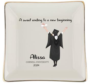 Piatto per gioielli personalizzato, piatto di laurea con dolce fine a un nuovo inizio, regalo personalizzato per lei, nome/testo/data, in ceramica, regalo per laurea