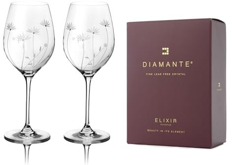 DIAMANTE Universal Crystal Wine Glasses - Bloom - Hand Cut Floral Pattern Embellished with Crystals Set of 2 in Gift Box