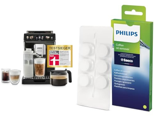 De'Longhi Eletta Explore Perfetto ECAM452.57.G Kaffeevollautomat & Philips Domestic Appliances CA6704/10 Kaffeefettlöse-Tabletten für Kaffeevollautomaten, Weiß, Einheitsgröße