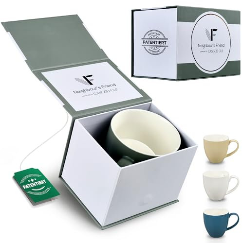 Neighbour's Friend Patentierte Teetasse grau Geschenk Box I Keramik Tasse groß 325ml I Teebecher Steingut I Keramiktasse für Tee I Spülmaschinengeeignete Teetassen I Modernes Design für Teetrinker