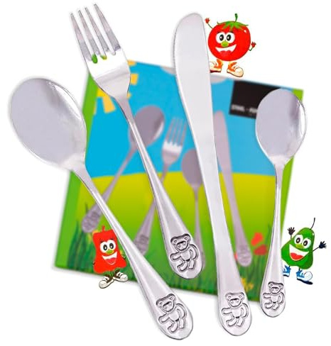 Steel-Function Kinderbesteck Set 4 Teilig | Kinderbesteck Edelstahl zur Entwicklung feinmotorischer Essfertigkeiten | Kinder Besteckset mit Teddybär-Motiv | Kinder Besteck in Stilvollem Design