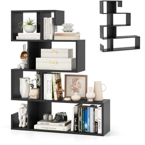 HOMASIS Libreria a Forma di Mossa con 5 Livelli, Scaffale Aperta a Forma di S in Legno, Libreria Divisoria con Protezione Anti-Ribaltamento per Soggiorno, Studio, 80 x 22 x 100 cm (Nero)