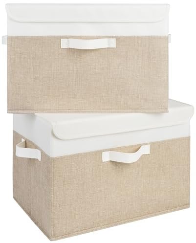 GRANNY SAYS Large Storage Boxes with Lids, Pack of 2 Lidded Storage Boxes for Shelf Organising Clothes, Top of Wardrobe Organisers with Lids Pretty, Closet Space Saver, White&Khaki, 43 x 30 x 29 cm