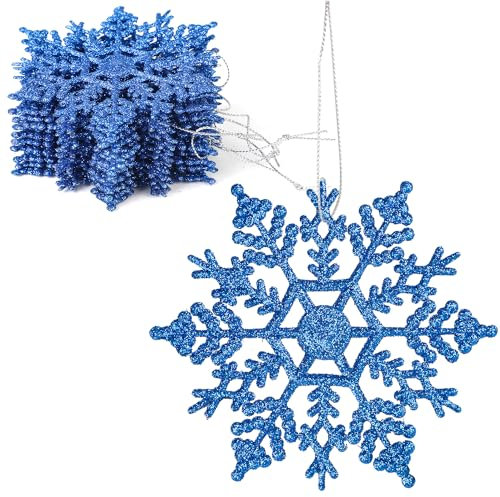 DERAYEE 12 Stück Schneeflocken Weihnachten Deko,Glitter Hängende Ornamente,Weihnachtsbaumschmuck zum Aufhängen (Dunkelblau)