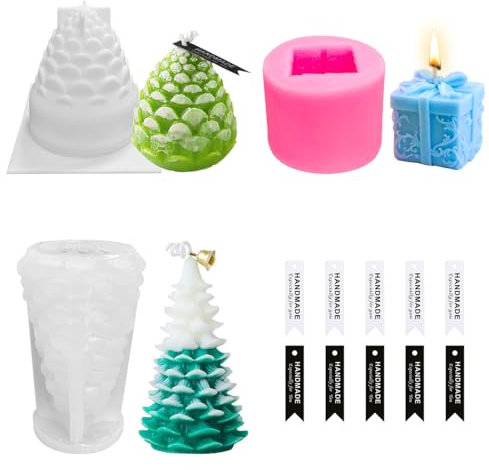 Moule Silicone Noel, 3 Pièces Moule Bougie Noël, Moule Bougie Silicone, Moule a Bougie en Forme de Sapin de Noël, Pomme de Pin, Boîte-Cadeau, Pour dIY Bougie Parfumée, Chocolat, Savon