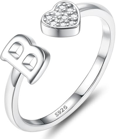JeweBella Herz Ring Silber 925 Damen mit Buchstaben Verstellbar Ringe Frauen Stapeln Daumenring Fingerring Eheringe Engagement Promise Ring Verlobungsring Initiale A-Z Ring Damen Mädchen mit Box