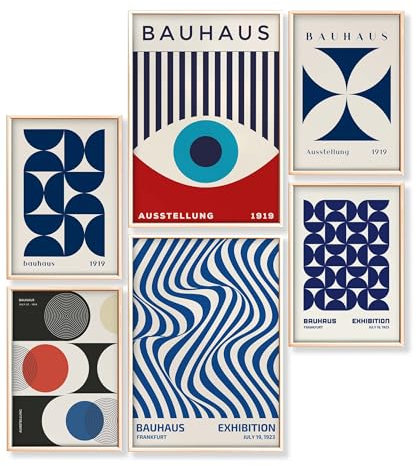 Heimlich® 6er Poster Set OHNE Rahmen | Modernes Bauhaus Design Bilder Wohnzimmer & Schlafzimmer | Bilderwand Grafische Kunst | Poster & Kunstdrucke in Blau Rot | 2x A3 (30x42 cm) & 4x A4 (21x30 cm)