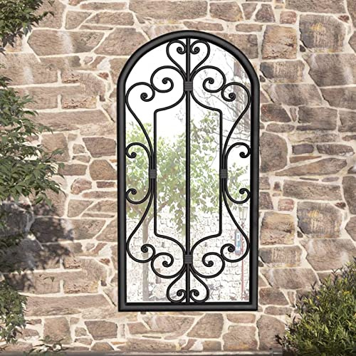 Homgoday Miroir de jardin en fer noir pour usage extérieur 70 x 30 cm Miroir décoratif mural Miroir de fenêtre en métal pour salon chambre entrée style moderne