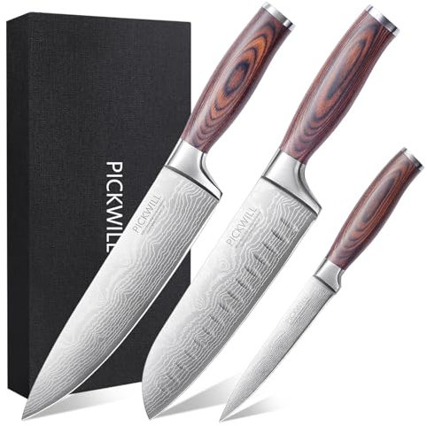 PICKWILL Messerset 3-teilig Küchenmesser Set Scharfe Messerset, inkl. Allzweckmesser, Santokumesser, Kochmesser aus Carbon Edelstahl, mit Ergonomischem Pakkawood Griff, Geschenkbox