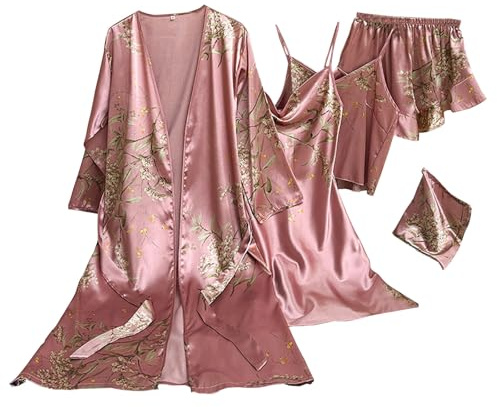 Ensemble Pyjama Femme 5 Pièces Vêtements de Maison en Soie Pour Femmes Peignoir Chauds Femme Robe de Chambre avec Poches Loungewear Doux Peignoirs de Bain Pour Femme Chemise De Nuit Automne Hiver