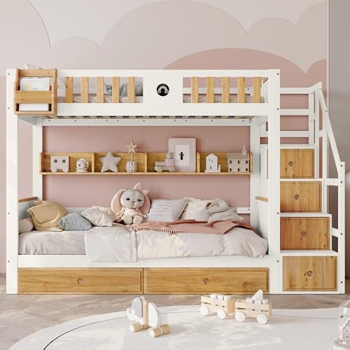 LAKFEW Kinderbett Etagenbett 90x200 cm für 2 Kinder mit Stauraum Treppe und Regale, Hochbett mit Rausfallschutz und 2 Schubladen, Holzbett mit Lattenrost aus Holz, Weiß + Natur, Ohne Matratze