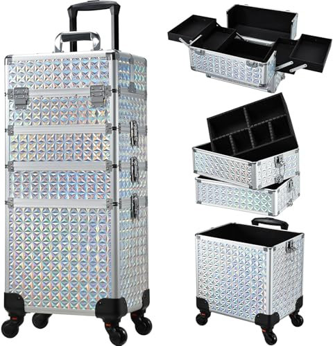 Joligrace 4-in-1 Beauty Trolley on Wheels Tall Vanity Case for Women Makeup Box Make Up Professional Large Makeup Case Organiser Rolling Box Nail Technician case with Locks (Silver)