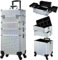 Joligrace 4-in-1 Beauty Trolley on Wheels Tall Vanity Case for Women Makeup Box Make Up Professional Large Makeup Case Organiser Rolling Box Nail Technician case with Locks (Silver)