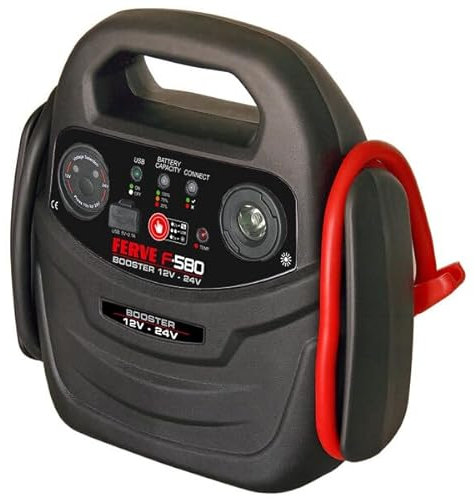 Arrancador FERVE F-580 - Booster 12 V - 24 V Potencia de Arranque: 12 V - 600 A (1200 A Pico) 24 V - 400 A (900 A Pico)