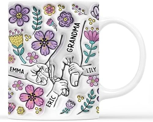Personal Chic Custom Mug Name - Holding Grandmas Hand Purple Floral - Personalised Mothers Day Gifts, Personalised Mum Gifts, Grandma Gift, Mummy Mug (Model #1)