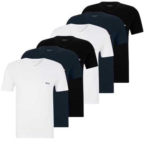 BOSS Herren Classic T-Shirts Kurzarm Shirts Pure Cotton V-Neck 6er Pack, Farbe:Mehrfarbig, Artikel:-984 Navy/White/Black, Größe:M