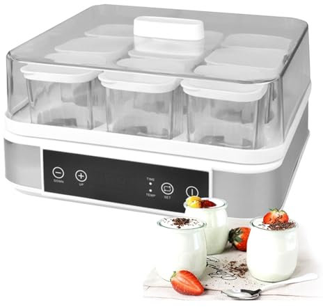 Yogurtera Automática Digital, con 9 Tarros de Cristal, con Control de Temperatura y Tiempo, para Preparar Postres Caseros Frescos