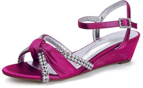 HFWXYSA Sandali da donna con zeppa sandali estivi con tacco basso sandali eleganti in raso cinturino alla caviglia aperto con strass scarpa comoda, Fucsia, 42 EU
