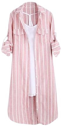 Angxiwan Linen Tops for Women UK Plaid Shirts for Women UK Plus Size Button Long Sleeve Summer Cardigan Casual Loose Fit Flowy Hem Tunic Tops Elegant Collar Kaftans Full Length