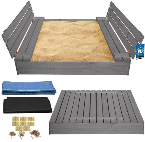 KOTARBAU® Sandkasten mit Abdeckung 140 x 140 cm Grau Großer Holzsandkasten Sandkasten mit Sitzbank und Deckel Gartenspielzeug Kinder imprägniert verschließbar mit Bänken