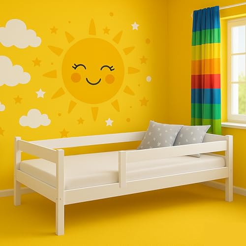 MEBLE WRÓBEL Kinderbett 90x200 cm mit Rausfallschutz & Lattenrost in Weiß, Einzelbett aus Kiefernholz für Kinder Mädchen Jungen Bett