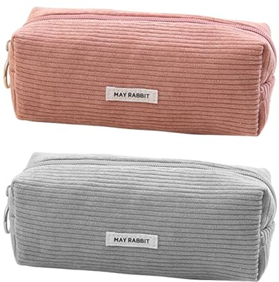 Cosswe 2 Stück Federmäppchen,Mäppchen Cord-Stoff Große Speicherkapazität Stiftetasche Mäppchen Aesthetic Schlamppermäppchen Damen,Federtasche Pencil Case Schulmäppchen für Schule (Fleischrosa + Grau)