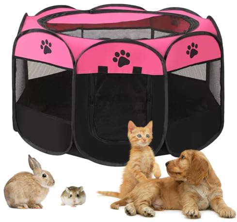 Welpenauslauf 74x74x43cm, BRIMOREA Katzenkäfig Hundekäfig für zuhause, Gitterbox Hund Wurfbox für Katzen Kaninchenstall innen Katzengehege Balkon Katzenkäfig für Draußen Hasen Auslauf(Rosa)