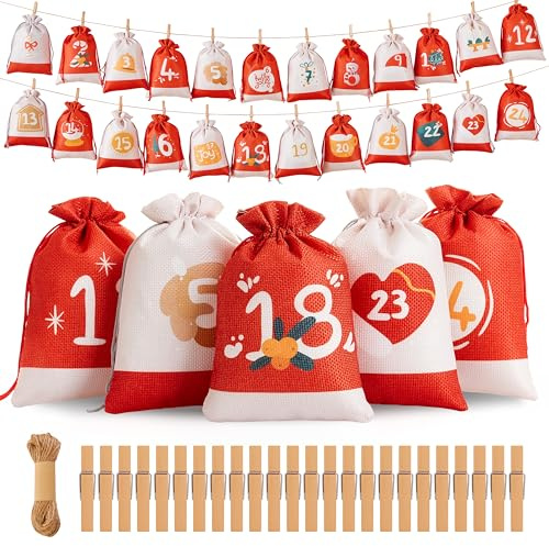 XIANNVXI Rot Adventskalender zum Befüllen Adventskalender 2025 Weihnachtskalender Selbst Befüllen Gedruckte Weihnachtselemente Zahlen DIY Säckchen Groß(18 x 13 cm)