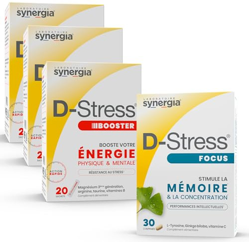 Synergia Pack Mémoire & Concentration: 3 D-Stress Booster +1 D-Stress Focus | Examens, Entretien, Rentrée - 3 D-Stress BOOSTER 20 Sachets + D-Stress FOCUS 30 Comprimés