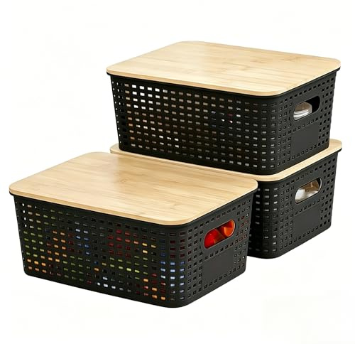 Accmuzzy 3er-Set Aufbewahrungsbox mit Bambus Deckel,Aufbewahrungsbehälter Kunststoffkörbe mit Griff,Stapelbare Aufbewahrungsboxen für Badezimmer Küche Schlafzimmer Schreibtisch, 25x18x10cm (Schwarz)