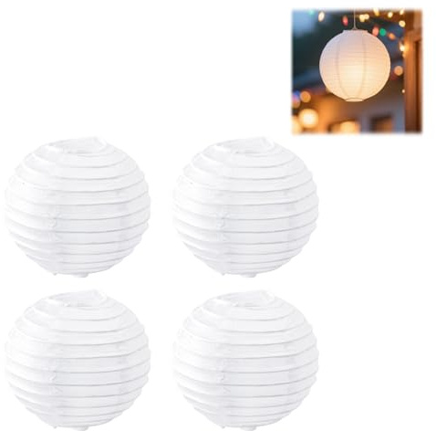 4 Stück Papierlaternen Rund 20cm, Weiße Lampions Zum Aufhängen Für Hochzeit Geburtstag Party, Dekoration Für Feierlichkeiten Innen und Außen