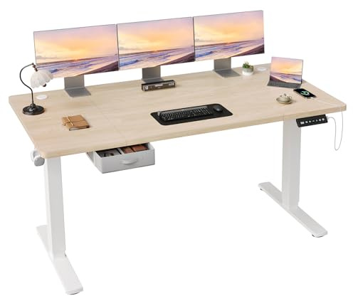 JUMMICO Höhenverstellbarer Elektrischer Stehtisch 180 x 80 cm mit Schublade und Haken – Höhenverstellbarer Sitz-Steh-Tisch mit Stabilem Stahlrahmen, Breiter Stehtisch für das Homeoffice, Beige