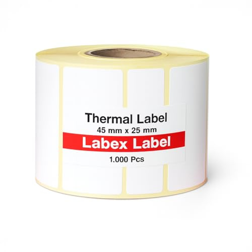 Labex Label Thermo etiketten, 45x25mm, 1000 Stück, Weiß, Selbstklebend, Rechteckig, Thermodirekt, für Zebra GK420D Drucker, Barcode und Adressaufkleber (Weiß, 1 Rolle)