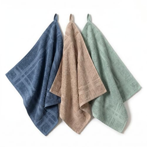 SaoTi Paños de Cocina Algodon Rizo 50x50 cm Set 3 Colores Decorativos - Paño Cocina Rizo Ultraabsorbente Presilla Reforzada - Toallas de Algodon Premium Multiusos Hogar (Verde Menta, Beige, Azul)