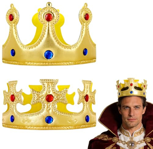 AOOWU Krone König Gold, 2 Stück Kron Königin mit Farbigen Rubinen, Adults Kings Crown Kostüm Zubehör für Karneval, Fasching, Halloween