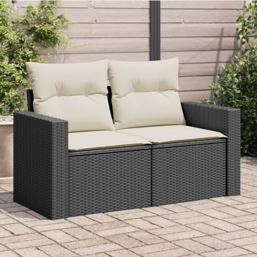 QUAHEAS Gartensofa mit Kissen, 2-Sitzer Schwarz aus Poly Rattan, UV-beständig, modulare Outdoor-Couch für Terrasse, Balkon & Garten