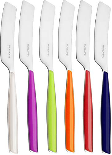BUGATTI, Glamour, Lot de 6 Petits épandeurs en Acier Inoxydable 18/10 et poignées Couleurs mélangées Ivoire, Bleu, Iris, Vert, Orange, Rouge, avec moulure système Pro-Tech