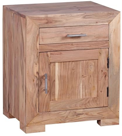 Wohnling Nachttisch Mumbai Massivholz Akazie Design Nachtkommode 60 cm mit Schublade und Tür Nachtschrank für Boxspringbett