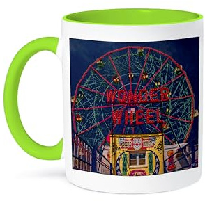 3dRose Mug_55991_7 Wonder Wheel Coney Island, Ceramic, Green/White