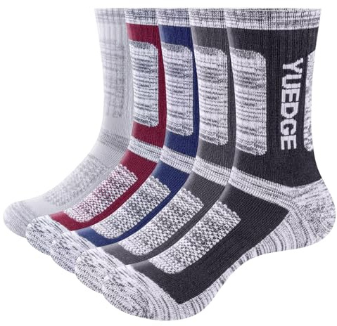 YUEDGE Men's Moisture Wicking Breathable Anti Blister Cushioned Casual Crew Socks Comfort Work Socks Multi Performance Hiking Walking Athletic Sports Socks For Men, 5 Pairs