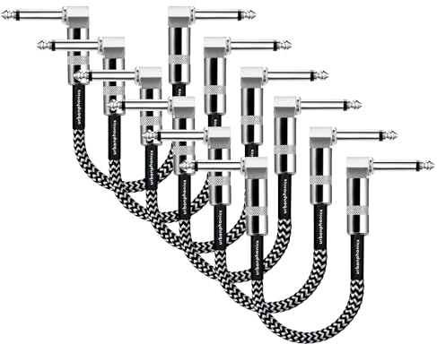 Urbanphonics Guitar Patch Cable 23cm | 6 Pack Noiseless 6.35mm 1/4 Inch Right Angle Male-to-Male | Pro Leads for Pedalboard, Electric Guitar, Bass and Effects Pedals | Black and White Braided Tweed