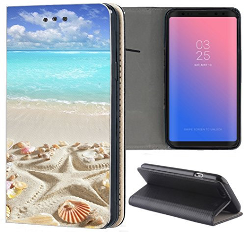 Huawei P20 Lite Hülle Premium Smart Einseitig Flipcover Hülle P20 Lite Flip Case Handyhülle Huawei P20 Lite Motiv (1517 Strand Meer Sonne Urlaub Muschel)